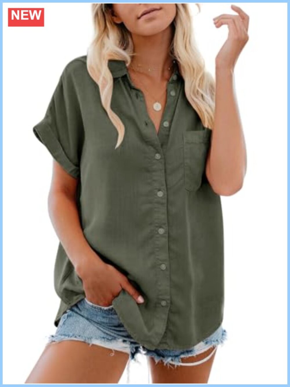 Women's Button Down Cotton Short Sleeve Blouse Loose Fit Casual Shirt